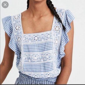 AE striped smocked crop top with flutter sleeves